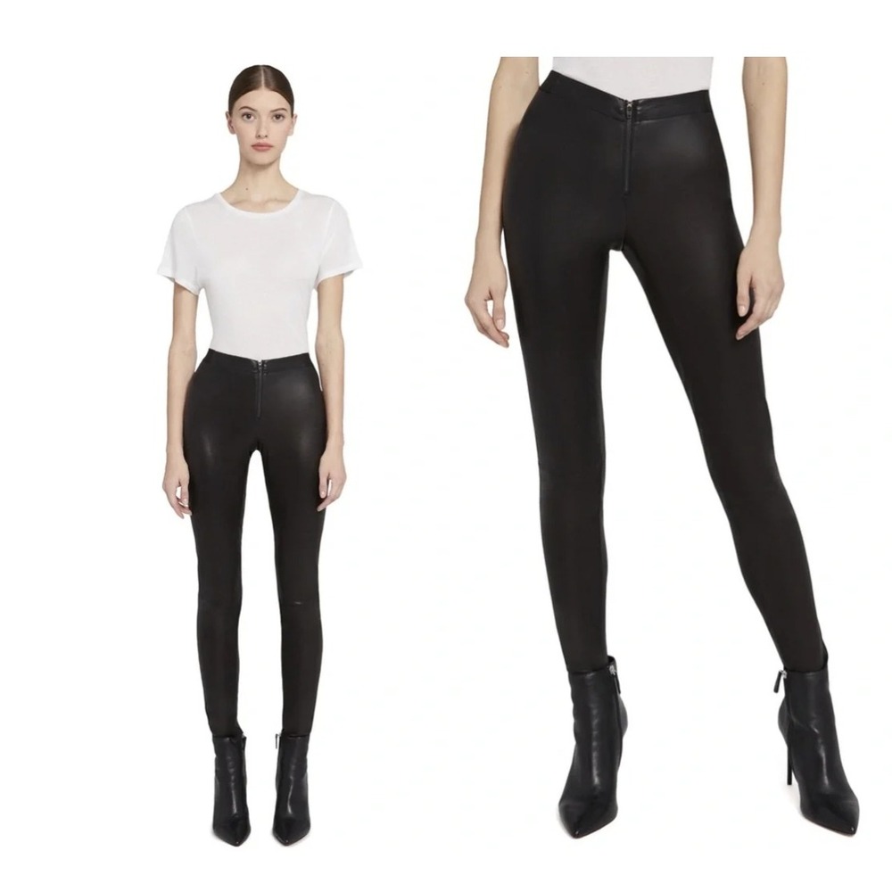Alice + Olivia Base Leather Leggings Size 0 24 Black Lambskin Zip Front Low Rise